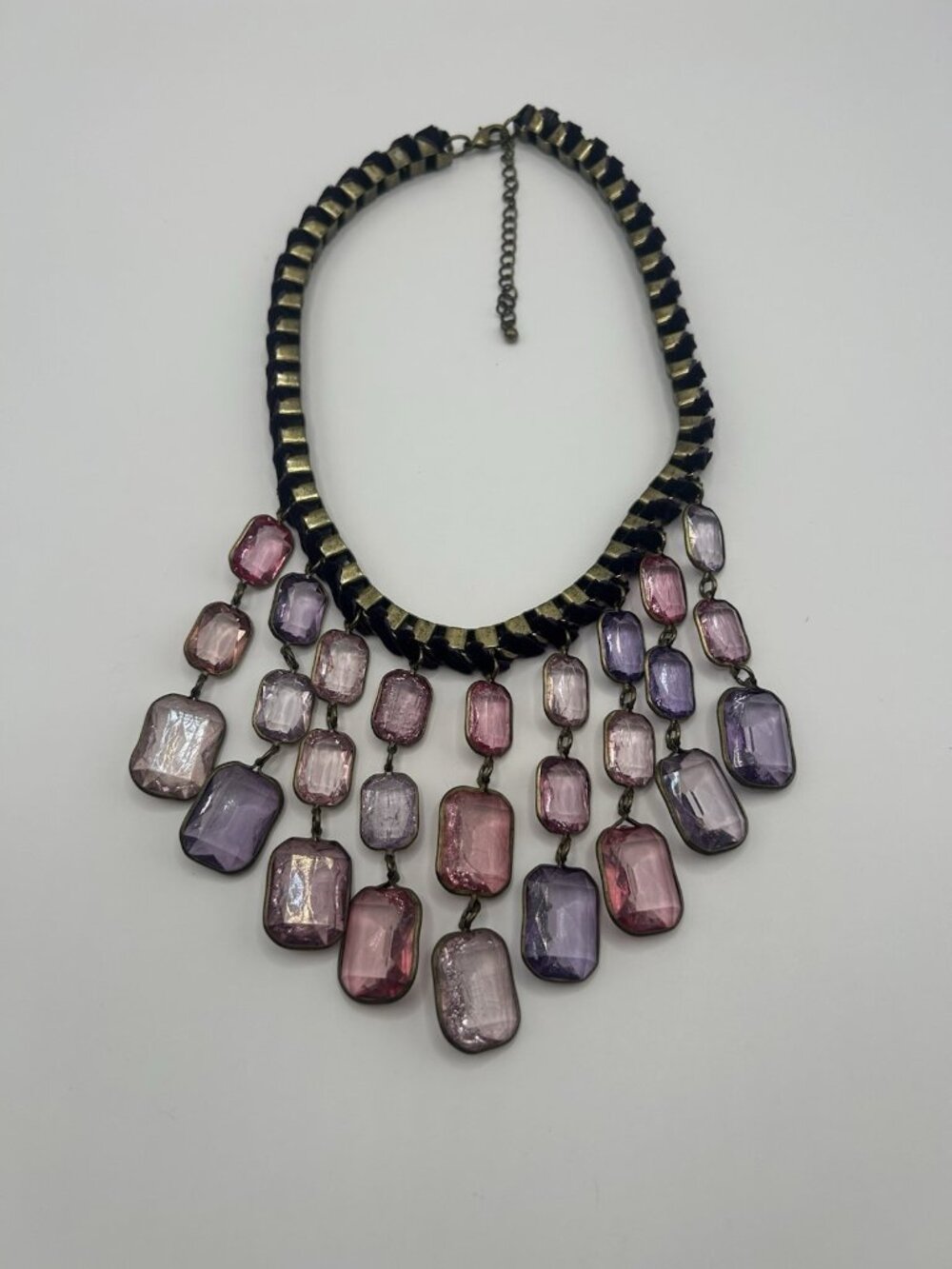 Vintage gold tone and purple velvet drop necklace Pink Purple hanging beads